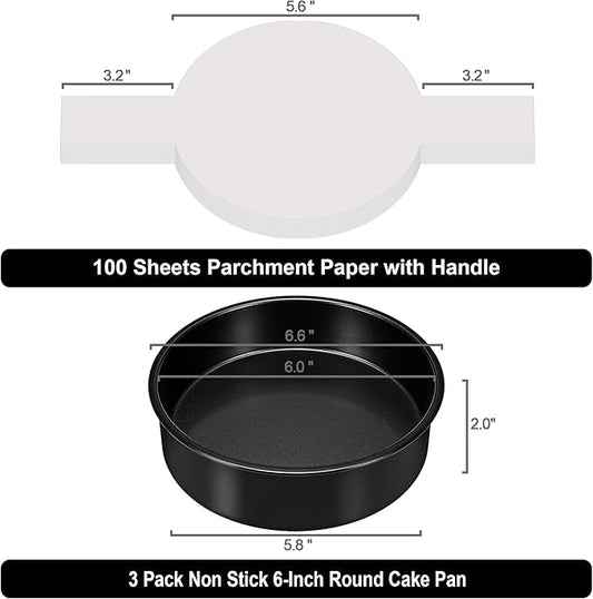 6 Inch Cake Pans Set of 3, Smash Cake Pans with 100PCS Parchment Paper for Layer Cakes, No-Stick Round Cake Pan Sets for Baking, Durable Baking Pan Set for Christmas Birthday, Dishwasher Safe