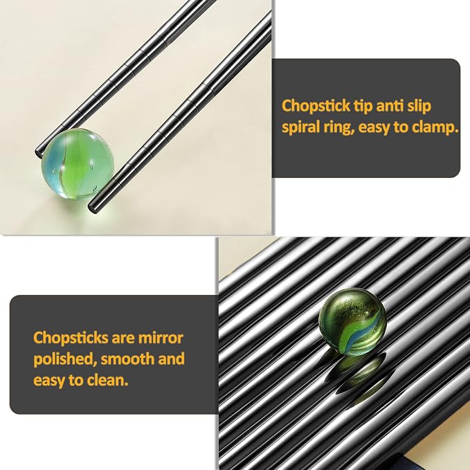 Black Stainless Steel Chopsticks - Multifunction Reusable Chopsticks - 5 Pairs Dishwasher Safe Metal - Easy to Use - Pressure Line Lightweight Chop Sticks