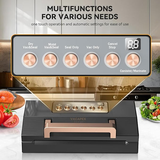 2025 Black Stainless Steel Food Vacuum Sealer, VACAPEX Deluxe Vacuum Sealer Machine with 11" Double Heat Seal and Automatic One-Touch System, Bags Storage & Cutter, Easy-Lock Handle with 2 Bag Rolls