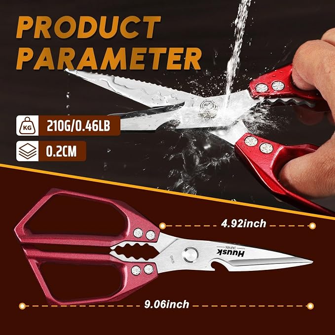 HUUSK Kitchen Scissors for Food, Multifunction Sharp Red Kitchen Shears | Japanese Stainless Steel Meat Cooking Scissors for Fish, Chicken, Turkey, Ergonomic Handles, Easy to Clean, Gifts for Women