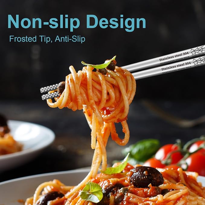 Reusable Metal Chopsticks – Premium 304 Stainless Steel, Non-Slip & Dishwasher Safe – Lightweight, Durable, Japanese & Korean Style – 5 Pairs, 9.25 Inches, Elegant Gift Set