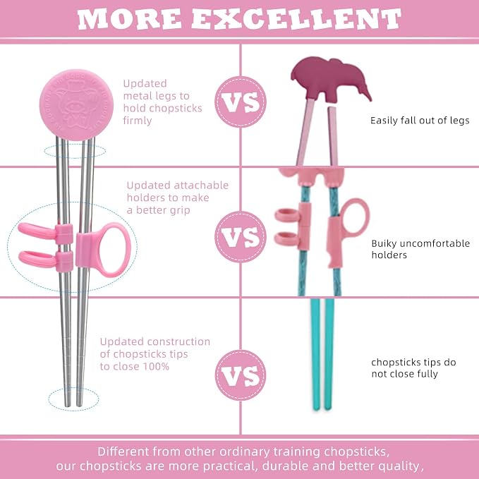 Patelai 2 Pairs Training Chopsticks for Kids, Learning Practice Chopsticks for Toddler Children Beginners Baby Non-slip Silicone Reusable Stainless Steel Metal Helper Tool(Pink)