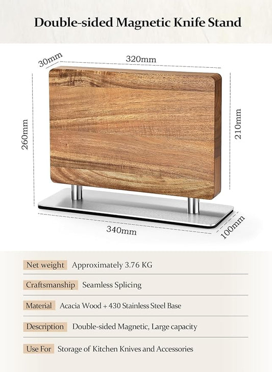 Strong Double Sided Magnetic Knife Block Without Knives, with Acacia Wood+430 Stainless Steel Base,Magnetic Universal Stands with Strong Enhanced Magnets Strip Kitchen Storage Cutlery Large Organizer