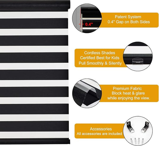 Persilux Cordless Zebra Blinds for Windows (58" W X 72" H, Black) Free-Stop Roller Windows Shades Dual Layer Light Control for Day and Night, Light Filtering Sheer Shades for Home, Easy to Install