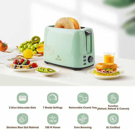 iSiLER 2 Slice Toaster, 1.3 Inches Wide Slot Bagel Toaster with 7 Shade Settings and Double Side Baking, Removable Crumb Tray, Defrost Cancel Function Green