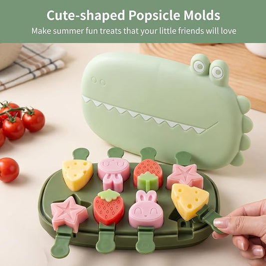 8-Cavity Popsicle Molds, Food-Safe Silicone Ice Cream Molds with Crocodile Lid, Fun Shaped Homemade Mini Ice Popsicle Maker with 8 Reusable Sticks, 7.5 x 4.7 in