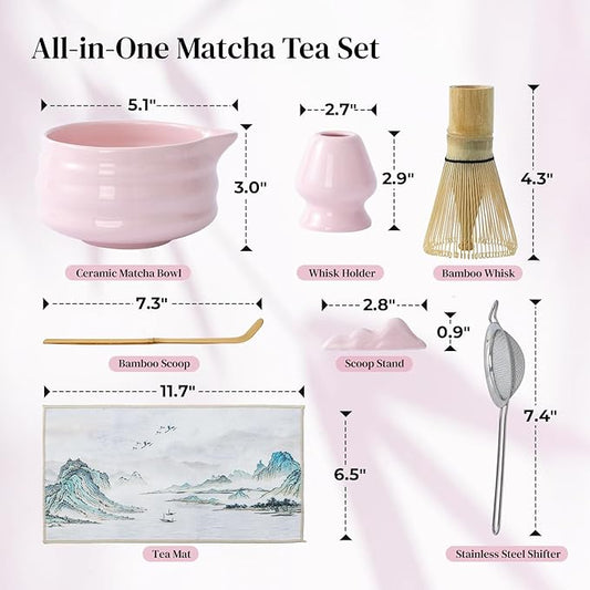 DOWAN Matcha Whisk Set, 7 Pcs Matcha Set Includes Bowl with Spout, Whisk and Holder, Bamboo Scoop and Holder, Sifter and Tea Towel - 7 Pcs Matcha Kit Gift for Lovers Beginners, Christmas (Pink)