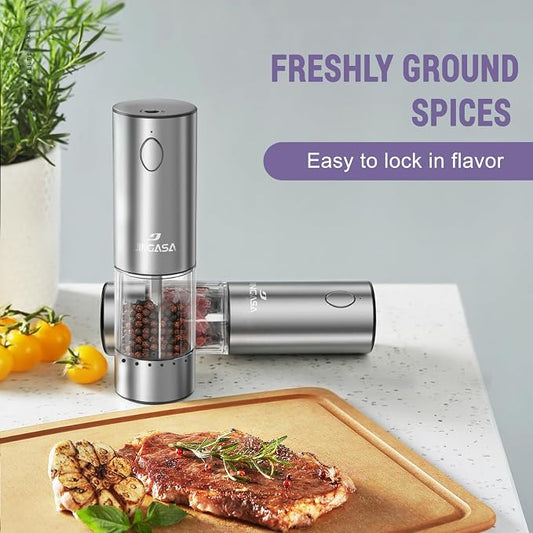 Electric Salt and Pepper Grinder Set, Automatic Pepper Mill Grinder w/Upgraded Charge Base and LED Light,Adjustable Coarseness (Upgraded version of transfer)