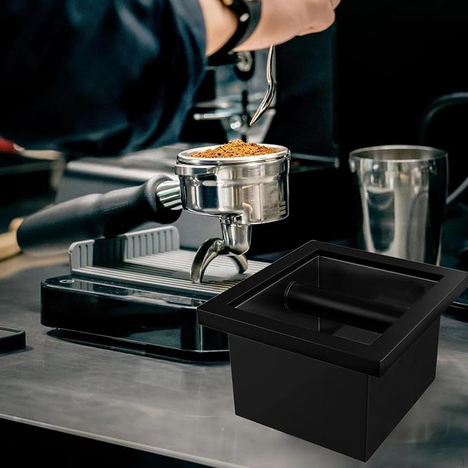 Bottomless Knock Box Espresso, Embedded Coffee Knock Box, Stainless Steel Countertop Espresso Grounds Container for Commercial Cafes Restaurants Home, 5.44 x 5.91” (Black)