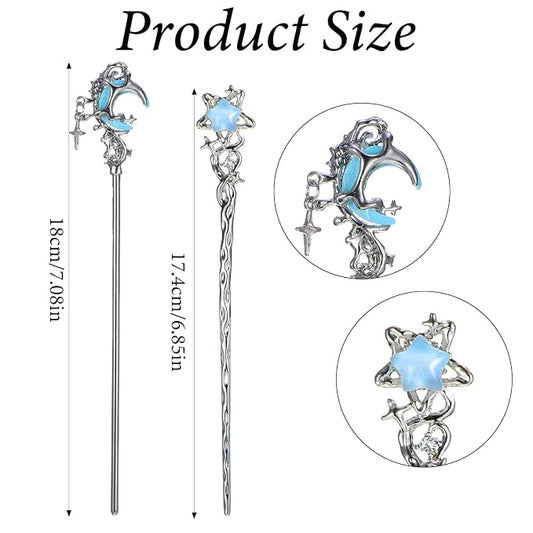 4Pcs Star Moon Hair Sticks, Silver Metal Chinese Hair Chopsticks Hairpins, Vintage Moonstone Hair Bun Updo Holders for Women Girls Hanfu Asian Decorative Accessories