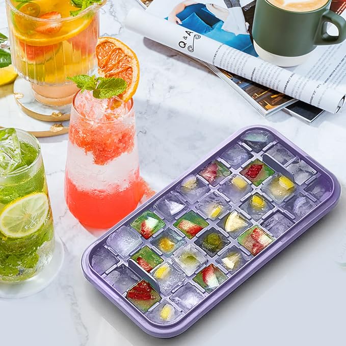 Ice Cube Tray with Lid and Bin, 2 Pack Ice Cube Trays for Freezer, 64 Pcs Ice Cube Mold, Press Button Easy Release Ice Tray, Small Ice Cubes Maker for Drinks (Purple)