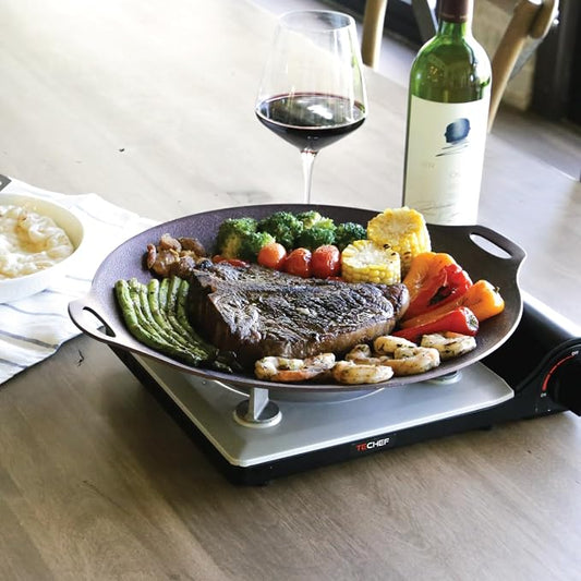 TECHEF - 14-inch Nonstick Round Griddle Grill Pan for Korean BBQ/Teppanyaki Pan, Tawa, Roti Pan/Induction Ready/Made in Korea (Griddle with Rack)