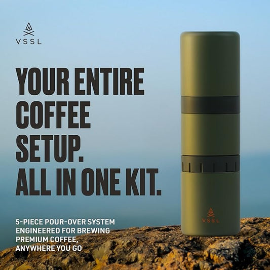 VSSL - Nest Pour Over Coffee Kit | Coffee Maker for Camping | All-In-One Travel Pour Over | Transportable Dripper, Two 10oz Stainless Steel Travel Mugs | Compact Storage & Adventure Ready | Deep Moss