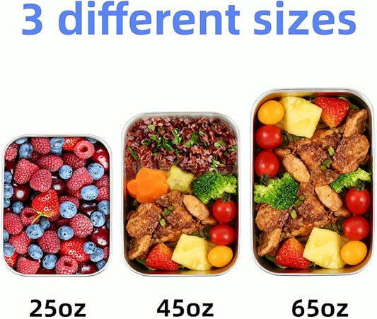 Stainless Steel Lunch Box Container with Lid, Pack of 3 Bento Snack Boxes for Work, Travel or Picnics, Dishwasher Safe, 25oz, 45oz, 65oz