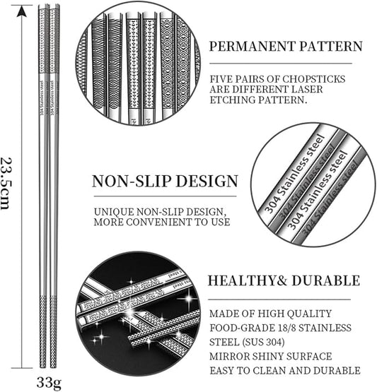 Metal Chopsticks Reusable 316 Stainless Steel Chopsticks Multipack Dishwasher Safe Chop Sticks Square Fancy Laser Engraved Non-slip Korean Chopstick for Cooking Eating 9.45 Inches 5 Pairs Gift SetS