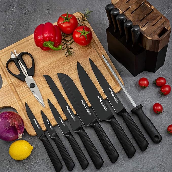 Knife Block Set, 15 Piece Kitchen Knife Set with 6 Steak Knife Set with Sharpener Chef Knife High German Carbon Stainless Steel Knife with Wooden Block Bread Knife Boxed | 6 Pieces Steak Knives, with Sharpener and Wood Block, German Steel
