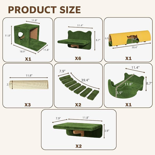 16-in-1 Cat Wall Shelves, Cat Furniture w/Tunnel & Bridge, Green | Wall Mounted Cats Shelf Set with Plush Fabric, Cat Climbing Wall Systems for 16 Inch Drywall, with Scratching Posts, Condos