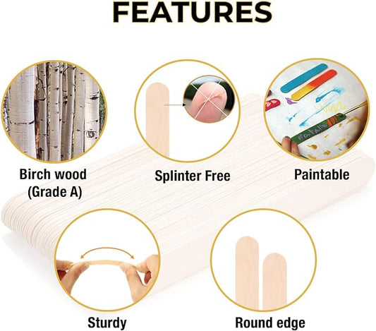 Apremont 120 Piece 6 Inches Large Jumbo Wooden Craft Sticks, Premium Natural Organic Wood, Waxing, Project, Tongue Depressor, Popsicle, Ice Cream Stick,Woodcraft, Paint Stirrer and Art