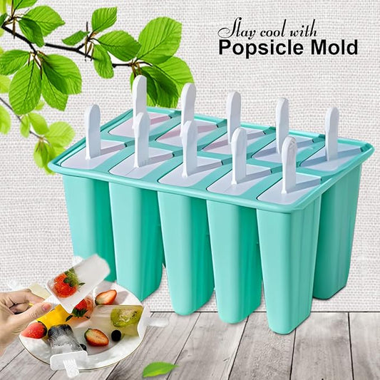 Silicone Popsicle Molds 10 Pcs Ice Pop Maker Molds with 10 Reusable Sticks, Cleaning Brush and Funnel - Homemade Easy-Release Reusable Popsicle Moulds Shapes (Green)