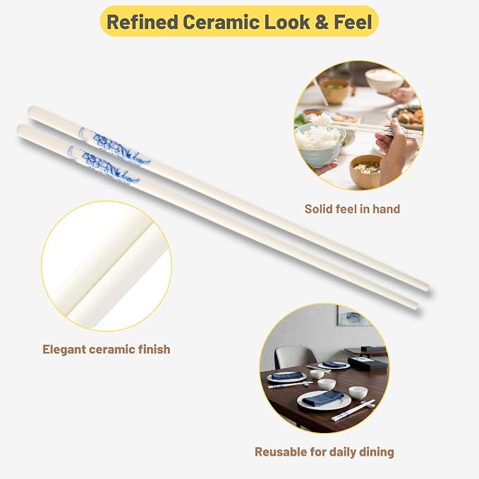 Porcelain Chopsticks Set of 5 Pairs, Reusable Bone Ceramic Chopsticks, Dishwasher Safe, Non-Slip Design, Elegant Gift Box for Family or Restaurant Use (peony)