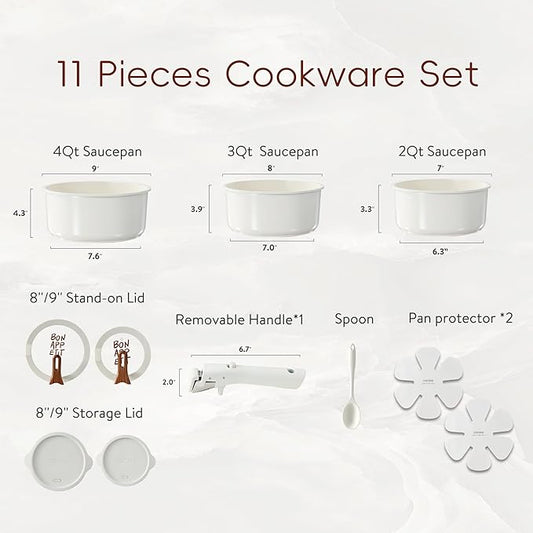 CAROTE Ceramic Sauce Pan Sets with Stand-Up Lid 2QT, 3QT & 4QT, 11 Piece NonStick Kitchen Cookware Sets with Detachable Handle, Non Toxic Cooking Pot, Oven Safe, Induction Ready, Cream White