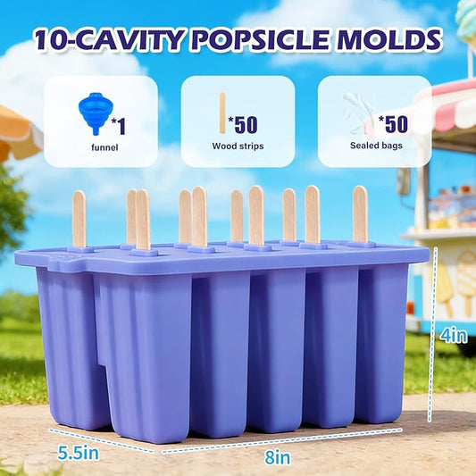 Purple Silicone Popsicles Molds,10 Cavity Homemade Popsicle Molds DIY Ice Pop Molds for Kids & Adults Food Grade BPA-Free with Popsicle Maker Sticks Popsicles Bags A Funnel
