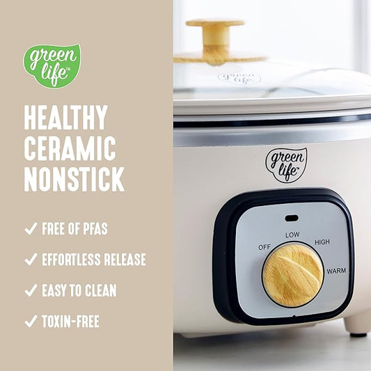 GreenLife 3.5QT Slow Cooker, Non-Toxic PFAS-Free Ceramic Nonstick Removable Interior Bowl, Programmable, Keep Warm, Stovetop & Oven Safe, Dishwasher Safe Parts, Glass Lid, Cream