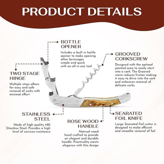 The Wine Chic Premium Professional Corkscrew Wine Opener with Elegant Wood Handle, Manual Wine Key with Foil Knife and Cap Bottle Opener for Bartenders, Waiters and Sommeliers