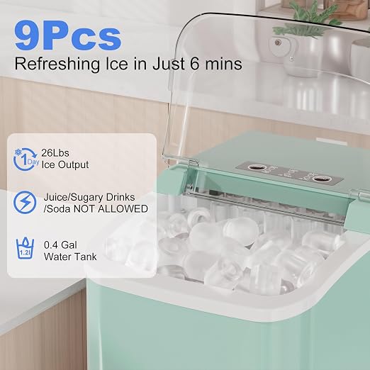 NEWBULIG Ice Makers Countertop with Handle, Portable Ice Machine, 9 Bullet Ice Cubes in 6 Mins, 26lbs in 24Hrs, Auto-Cleaning, with Basket and Scoop, for Home, Kitchen, RV, Camping, Green