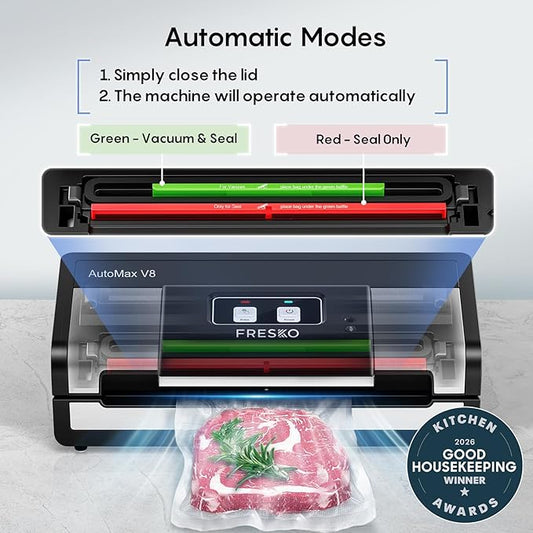 Fully Automatic Vacuum Sealer, 95Kpa Powerful Food Vacuum Sealer Machine, Auto Dry-Wet Detection | Bag Cutter | 2 Rolls Bags & 100 Pcs Precut Bags | Effortless Operation, Silver - Black