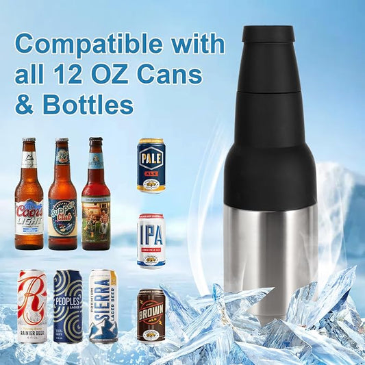 12oz Universal Beer Bottle Holder Double Walled SS Beer Can Cooler | 3 in 1 Can Koozie with Beer Opener Vacuum Insulated - fit Fishing, Camping Outdoor Activities and Nice Gift for Men(Silver)