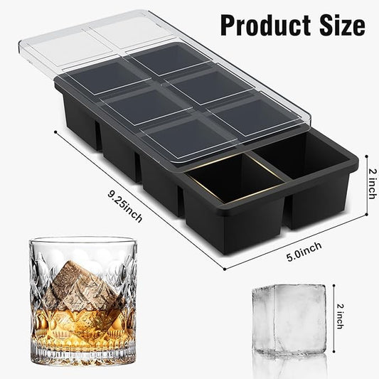 Samuelworld Large Ice Cube Tray: 2024 Upgraded Silicone Square Ice Cube Mold For Whiskey, New Upgraded 2 Inch Large Cubed Ice Trays for Cocktail, Big Cube Ice Maker Mold (2 Pack, Black)