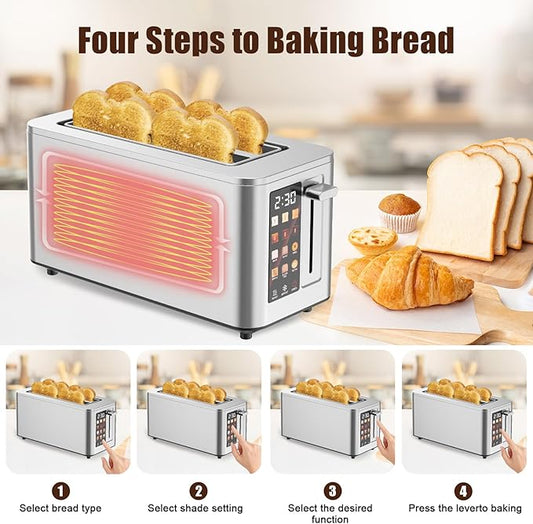 Touch Screen Toaster 2 Slice, Stainless Steel Toasters Digital Timer 2 Slot Toasters, 6 Shade Settings 6 Bread Types for Bagel,Defrost(304 Stainless Steel)