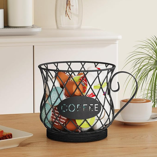 YINMIT K Cup Holder Organizer, Sturdy Coffee Pod Holder Organizer, 35 Kcup Large Capacity Storage Basket for Kitchen Counter and Office Desktop (Black-Circular with Handle)