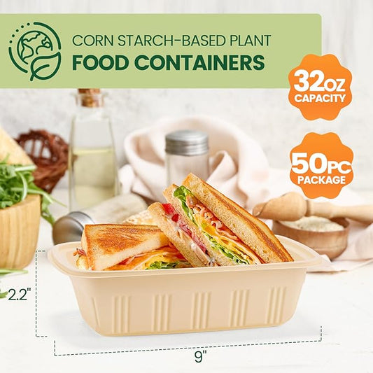 100 Piece (50 Pack) Meal Prep Containers with Lids,32 oz Resuable Cornstarch Material Salad Containers, Plant-based Lunch Boxes, Plastic Take Out Bowls BPA Free, Microwave Freezer Safe, Stackable