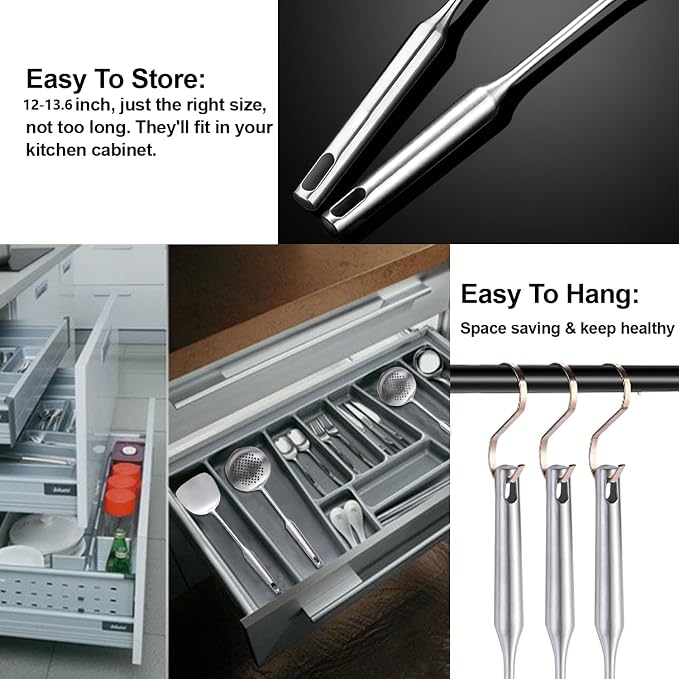Stainless Steel Kitchen Cooking Utensils Set 6 PCS Dishwasher Safe | Food-grade 304, All Metal, 12-13.6", Wok Spatula, Ladle, Skimmer, Slotted Spatula Turner, Spaghetti Spoon, Large Spoon