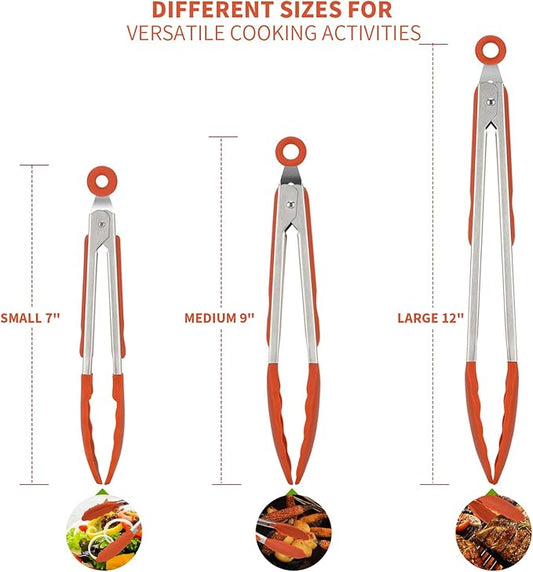 Kitchen Tongs, U-Taste 7/9/12 inches Cooking Tongs, with 600ºF High Heat-Resistant Non-Stick Silicone Tips, 18/8 Stainless Steel Handle, for Food Grill, Salad, BBQ, Frying, Serving, Pack of 3(Orange)