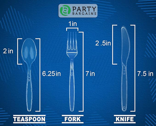 Party Bargains Disposable Cutlery Set Color: Clear Sapphire 300 Pcs: 100 Spoons, 100 Knives, 100 Forks. Heavy Duty & Solid Disposable Silverware Utensils Set for Weddings, Buffets, Luncheons