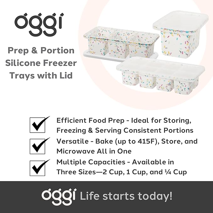 OGGI Prep & Portion Silicone Freezer Trays with Lid - Freezer Molds for Food, Ice Cube Tray, Food Prep Containers, Freezer Storage Containers, for Soup, Smoothie Cubes, Sauce, Broth, Leftovers - 1 Cup