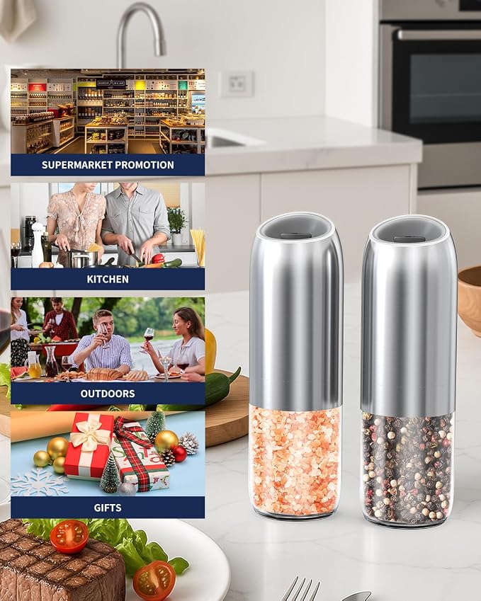 CIRCLE JOY Gravity Electric Salt and Pepper Grinder Set, Battery Powered Automatic Pepper Mills with Adjustable Coarseness, One Hand Operation, 176ml Large Container, Silver - Includes 8 Batteries