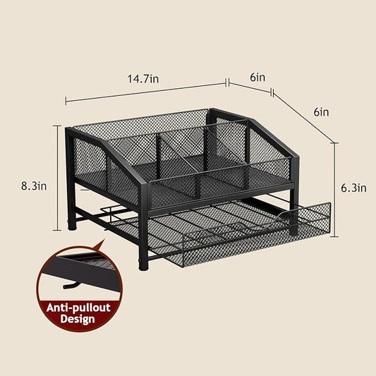 Homsorout Coffee Bar Organizer - Coffee Station for Countertop, Metal and Wood K Cup holder Storage Basket with Drawer for Syrup, Cups, Stirrer, Condiment, Tea Organizer, Black