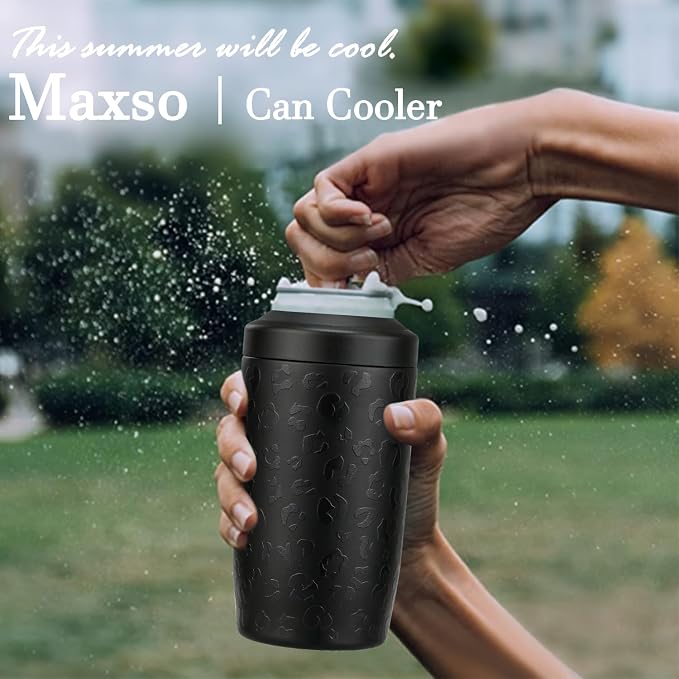 Itslife 4-in-1 Slim Can Cooler Easy to Hold Insulated Beer Can Holder Double-walled Stainless Steel for All 12 Oz Cans Gift Fathers Day Gifts for Dad (Black Leopard)