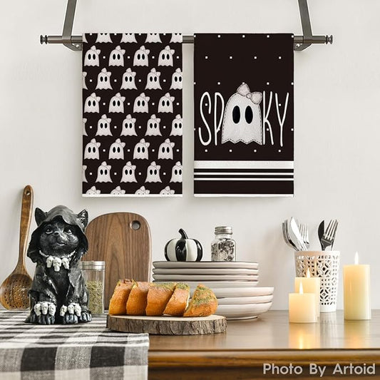 Artoid Mode Black Ghost Halloween Kitchen Towels Set of 2 18x26 Inch | Spooky Bow Knot Hand & Dish Towels,Ultra Absorbent,Seasonal Farmhouse Decoration