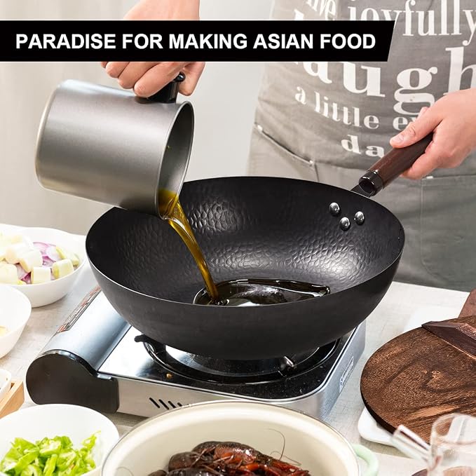 Leidawn 12.8" Carbon Steel Wok,11 Pcs Woks & Stir Fry Pans Wok Pan with Lid | Pre-Seasoned No Chemical Coated Chinese Pan with 10 Cookware Accessories, Flat Bottom Woks for Electric, Induction,Gas Stoves