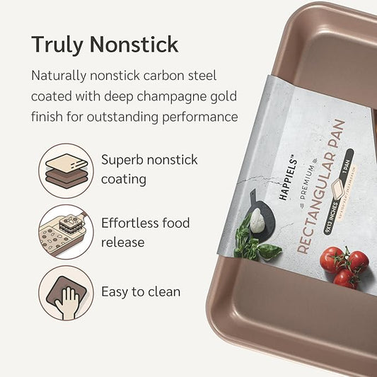 HAPPIELS Nonstick Non Toxic 9x13 in Baking Pan for oven | Cake Mold 9 x 13 Non Stick Nontoxic | Carbon Steel Gold Brownies Pans 13x9 inches | Rectangle Brownie Tray 9 by 13 inch | Baking Ware
