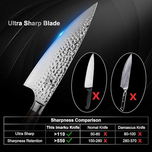 imarku Damascus Chef Knife, 8 Inch Kitchen Knife Ultra Sharp Cooking Knife HC German Stainless Steel Japanese Knife for Kitchen, Hand-Hammered Design, Ergonomic Handle, Christmas Gifts for Women Men