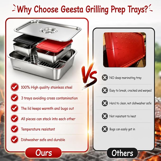 Geesta 5-in-1 Grilling Prep & Serve Tays, Grill Carry System, Stainless Steel BBQ Serving Platter, Marinating Container with Lid & Cutting Board, Outdoor Cooking Grill Accessories, Grilling Gift