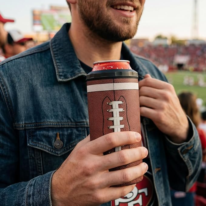 Football Can Cooler 12oz - Travel Mug Cups - Stainless Steel Insulated for Men Women Players - Tumbler Cans Koozie, Sport Gift for Fan Coach Lovers