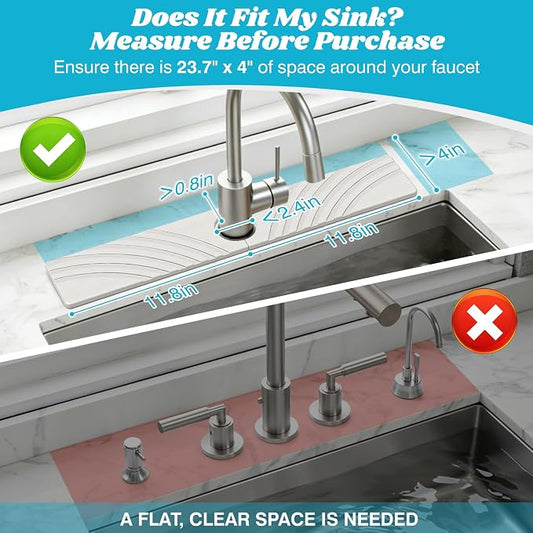 SpaceHacks Stone Faucet Mat for Kitchen Sink - Fast Drying Diatomite Stone Drying Mat, Textured Drainage Sink Protector, Water Splash Guard with Base Pads for Bathroom Counter (23.7x4 in, White)