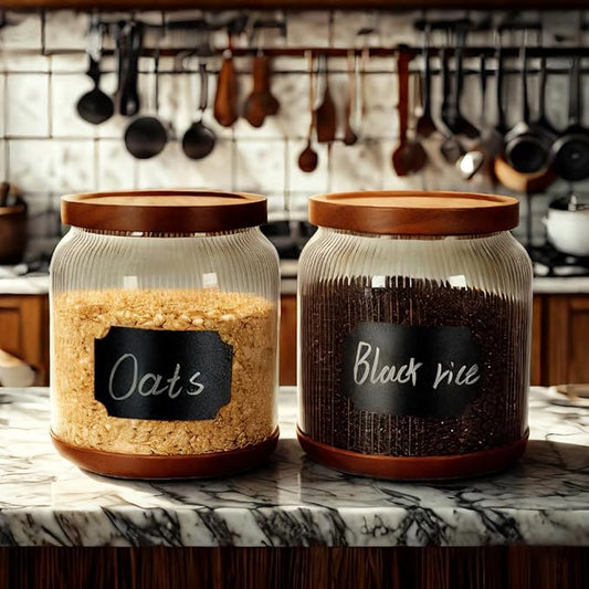 SAIOOL 2-Pack Striped Borosilicate Glass Airtight Canisters - Big mouth Large Capacity, Acacia Wood Lid, Food Storage Jars for Flour, Pasta, Pantry Organization (1/2 Gallon (Striped 2 pack))